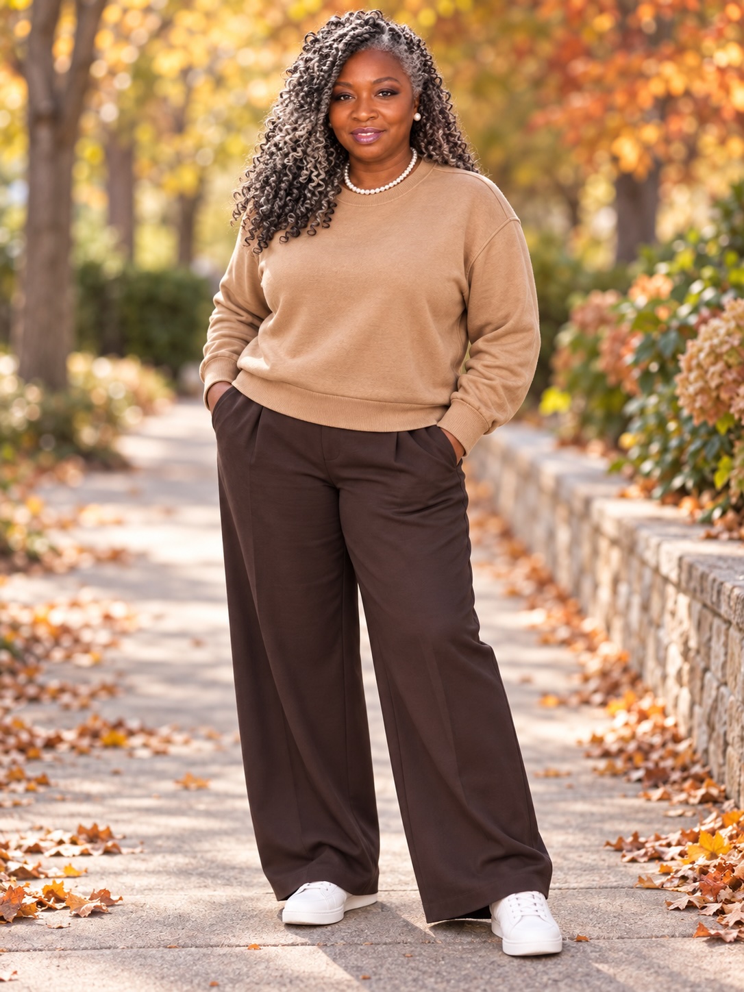 Kelly Jennings in a camel sweater on an autumn walk