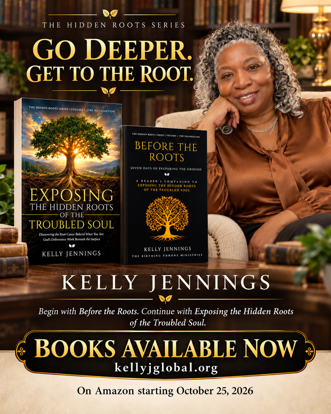 Kelly Jennings beside Exposing the Hidden Roots and Before the Roots. Books available now at kellyjglobal.org; on Amazon starting October 25, 2026.
