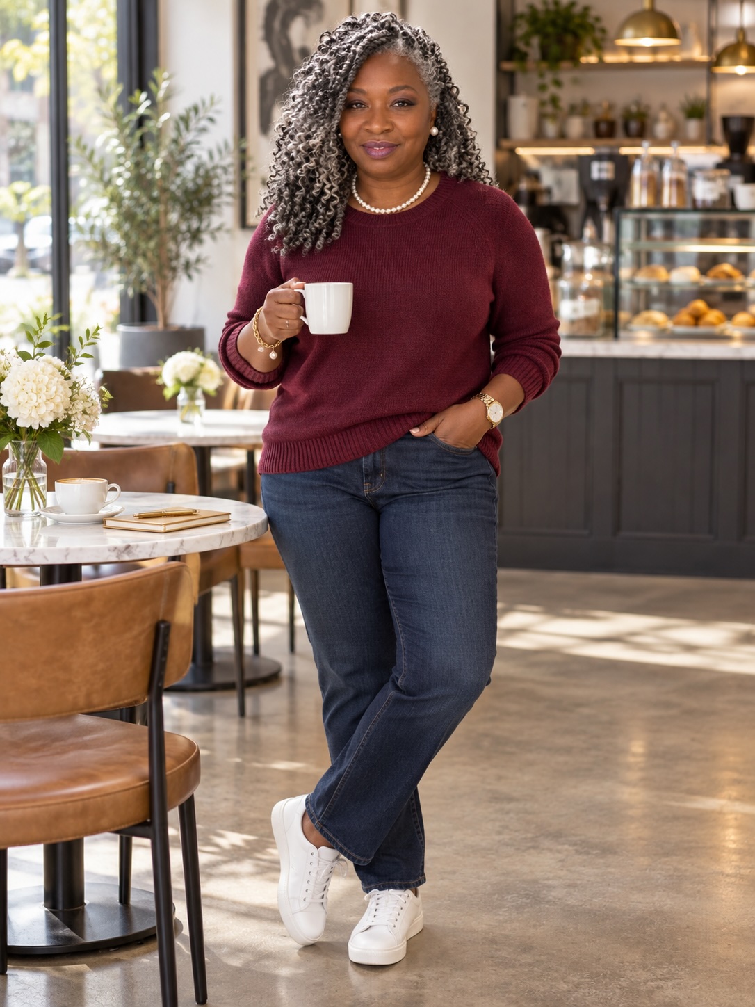 Kelly Jennings in a burgundy sweater enjoying coffee at a bright café