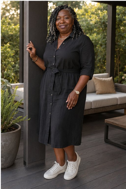 Kelly Jennings in a black shirtdress on a covered patio