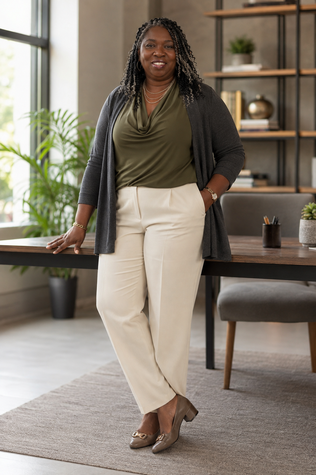 Kelly Jennings in a cream jacket and beige trousers standing in her office