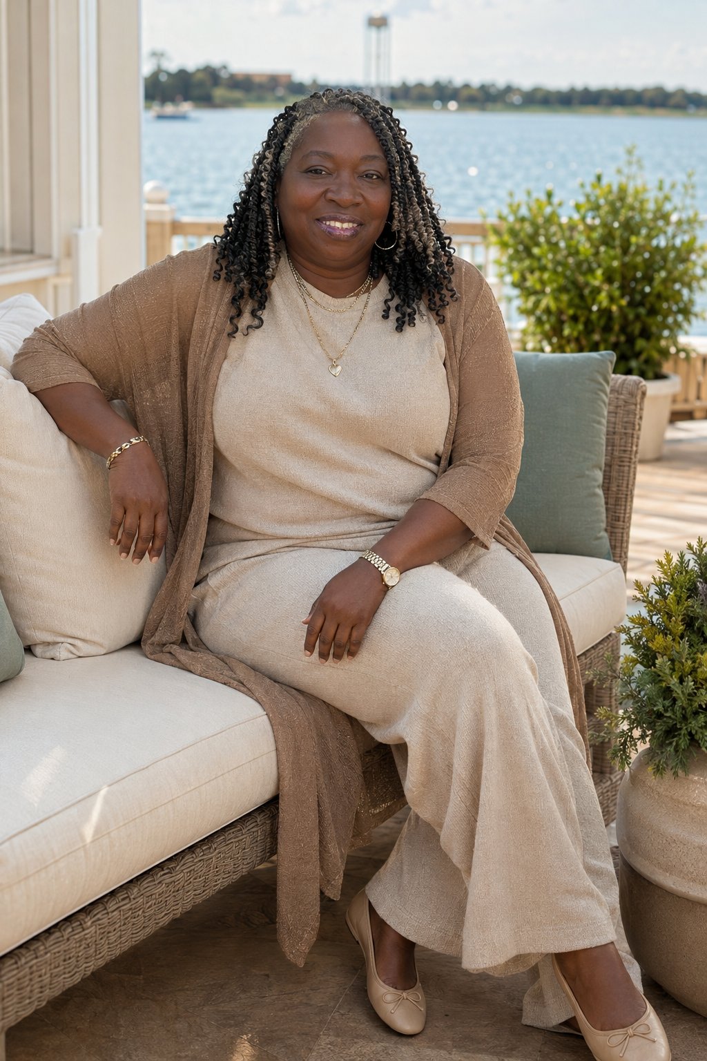 Kelly Jennings on a terrace in cream and beige